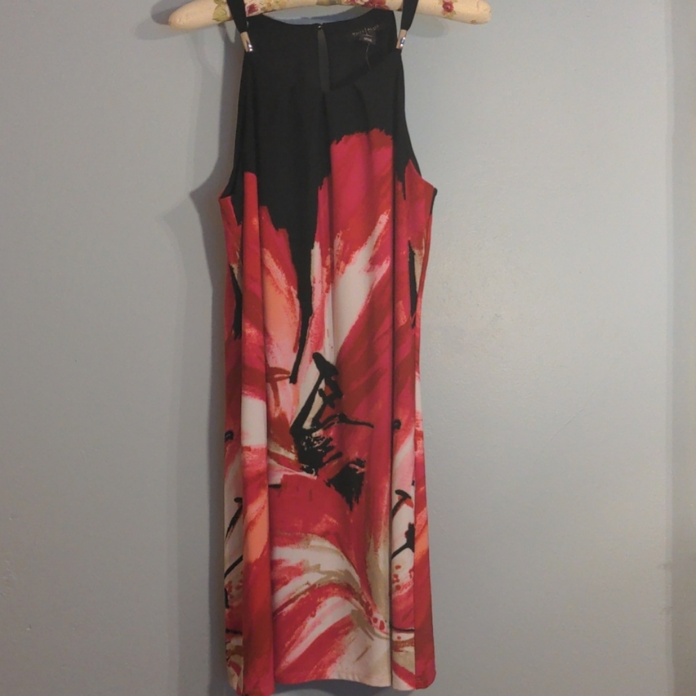 WHBM L black knit dress with pink/fuchsia/red lily